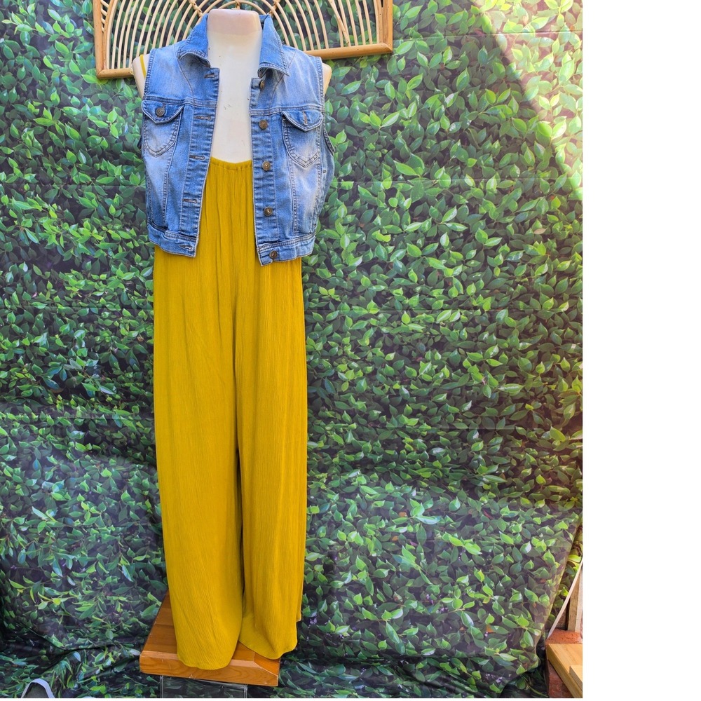 Lovestitch Mustard Yellow Crinkle Wide Leg Jumpsuit Large Boho Adjustable Straps